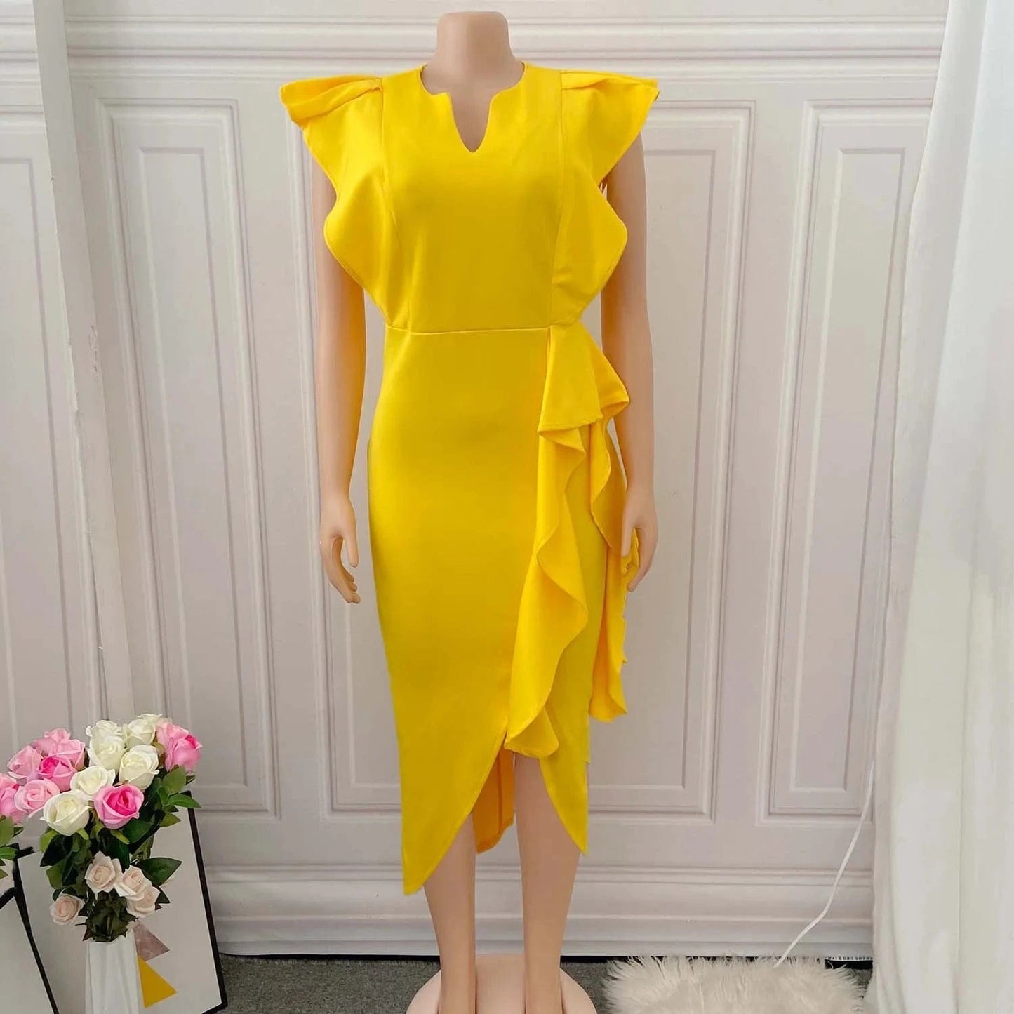 S / Yellow Latest Design Summer Dress Plus size Irregular Banquet Dress