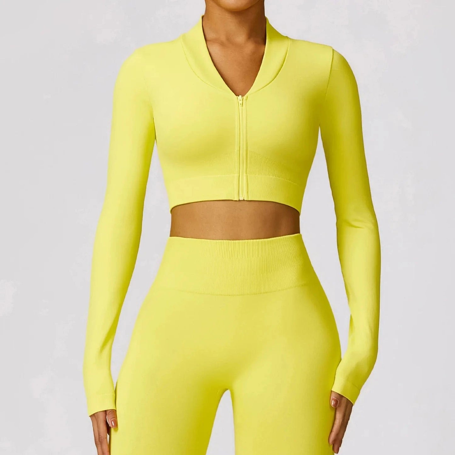 S / Yellow-Long sleeves 2024 Women Zipper Crop top Activewear Suit Bra Flares Seamless Sportswear Fitness Workout Gym Clothing 3 pcs Yoga Set