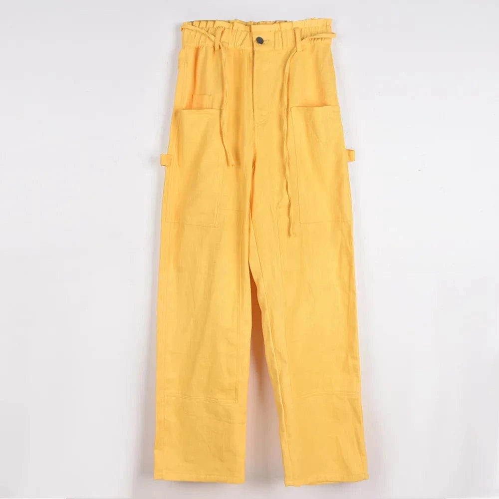 S / Yellow New Fashion Streetwear Cargo Pants Drawstring Ladies Casual Pants Loose Long pant for Women Clothing