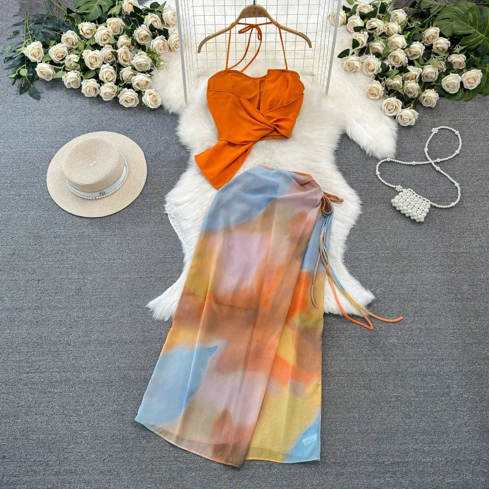 S / Yellow New Holiday Stylish Halter Neck Crop Tank Tops and Skirt Set Women Two Pieces Sets Clothing Wholesale 2