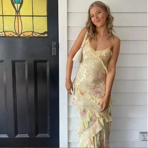 S / Yellow Pink Gradient Mesh Ruffles Patchwork Sling Dress Women Summer V Neck Backless Long Dresses 2024 Fashion Female Holiday Vestidos