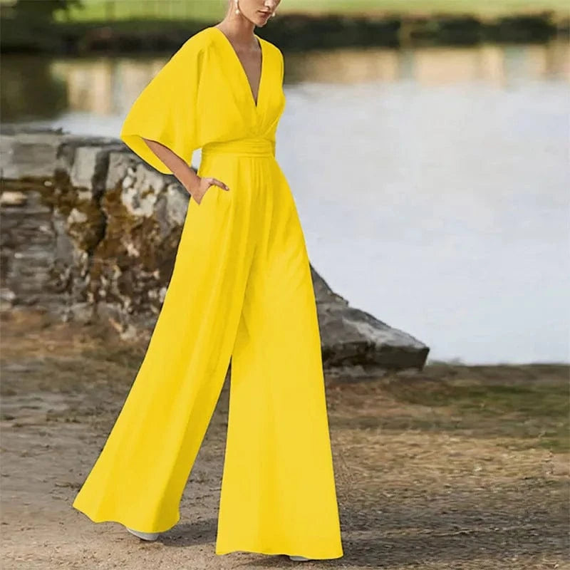 S / Yellow Plus Size Elegant Office Jumpsuits Women Long Rompers 2024 Summer Casual Solid Color Ruffled Off Shoulder Overalls Streetwear