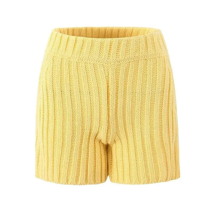 S / Yellow-Shorts ZHEZHE Autumn Winter Knitted Women 2 Piece Sets Soild Long Sleeve Pullover Top and Casual Shorts Street Outfits
