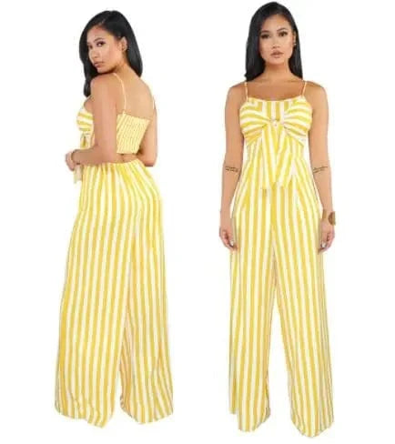 S / Yellow Summer Backless Striped Jumpsuit Women Sexy Party Clubwear Casual Bowtie Overalls Jumpsuits Plus Size Y11675