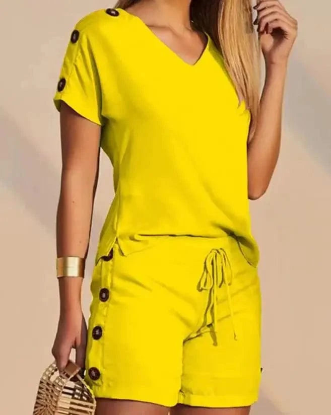 S / Yellow Summer Women's Suit Two Piece Set Fashion Buttoned V-Neck T-shirt & Casual Drawstring Shorts Set Female Clothing Outfits New