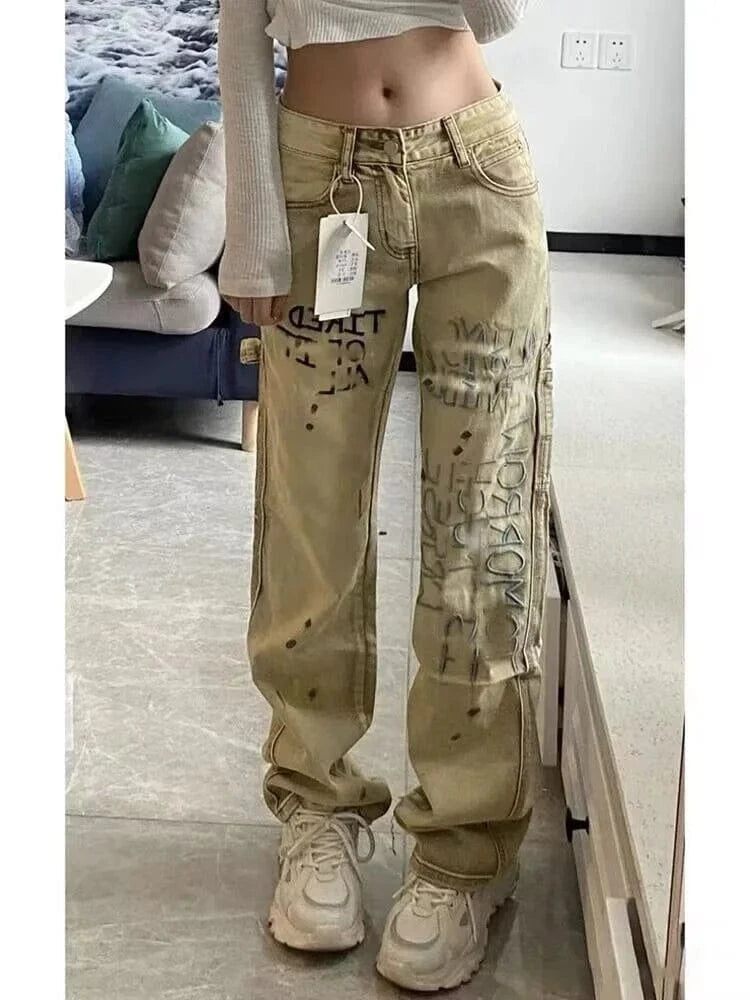 S / Yellow Vintage Letter Embroidered Jeans Woman High Waist Korean Fashion Ink Splash Pants Streetwear Straight Baggy Pants