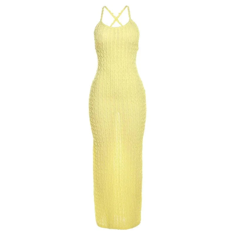 S / Yellow Weird Puss Cross Bandage Women Maxi Dress Vestidos Backless Sleeveless Summer Sexy Elegant Party Bodycon Beach Night Club Dress