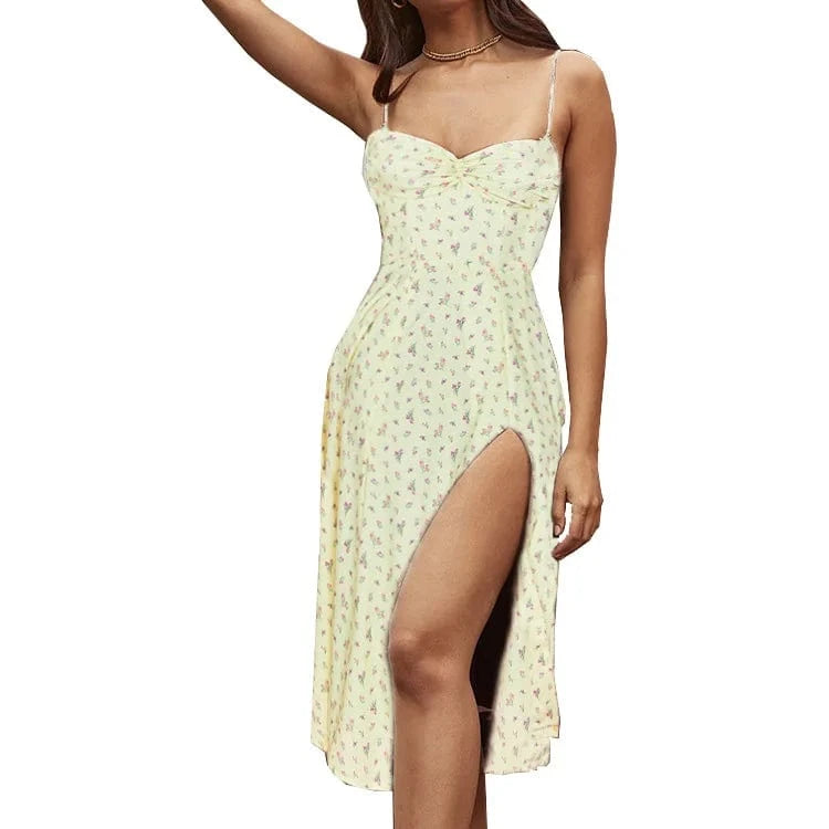 S / Yellow Wholesale Ladies High Quality Floral Dress Elegant Slip Dress With Slit Women Clothing Summer 2024 Sexy Floral Casual Dresses