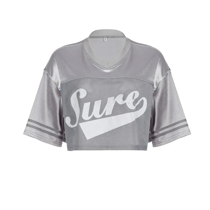 S / Z802TP Silver / Spandex / Polyester Bomblook Z802TP01 2024 Summer Letter Printed Mesh Patchwork T-Shirts Women V-Neck Short Sleeve Loose Crop Top Summer For Ladies