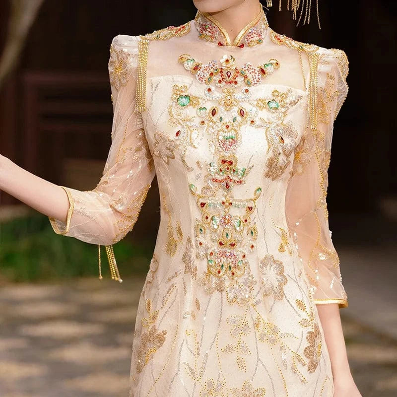 S0128G Champagne color 2024 New women's spring bride married engaged in heavy workers golden show chinese wedding dress