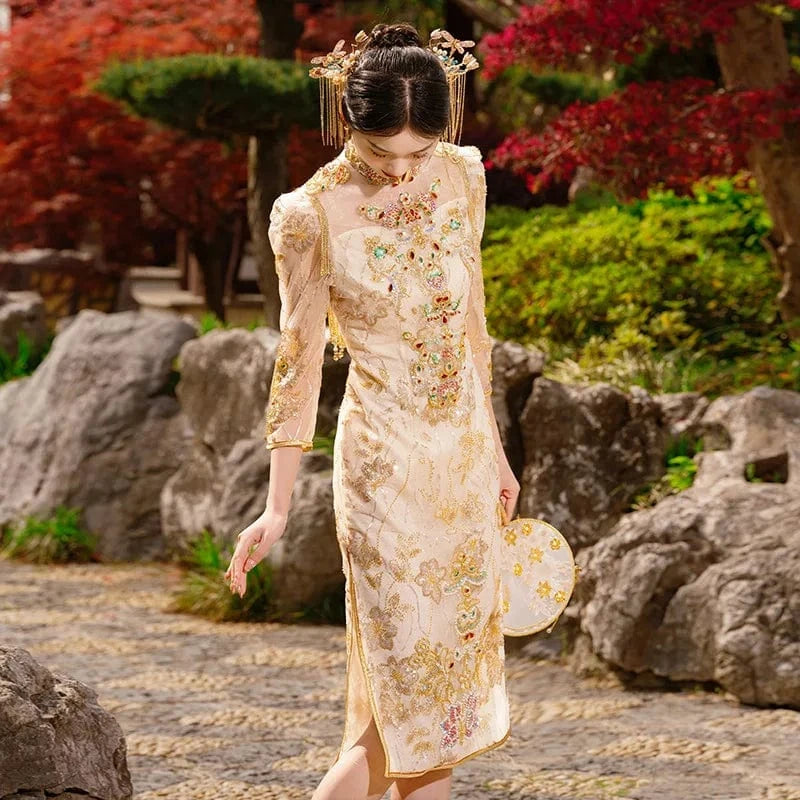 S0128G Champagne color 2024 New women's spring bride married engaged in heavy workers golden show chinese wedding dress