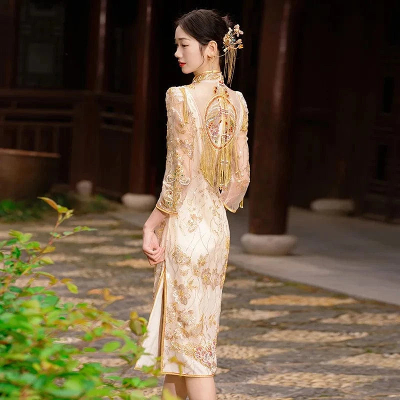 S0128G Champagne color 2024 New women's spring bride married engaged in heavy workers golden show chinese wedding dress