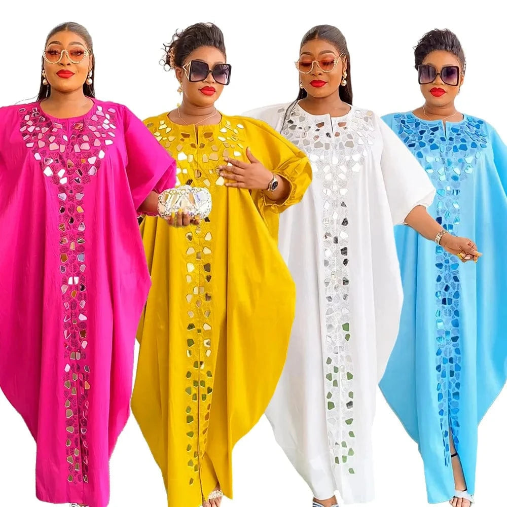 S10050 Africa Clothing Plus Size Kaftan Dresses Women Robes Femme Abaya Rhinestone Irregular Bat Sleeve Loose Boubou Dresses