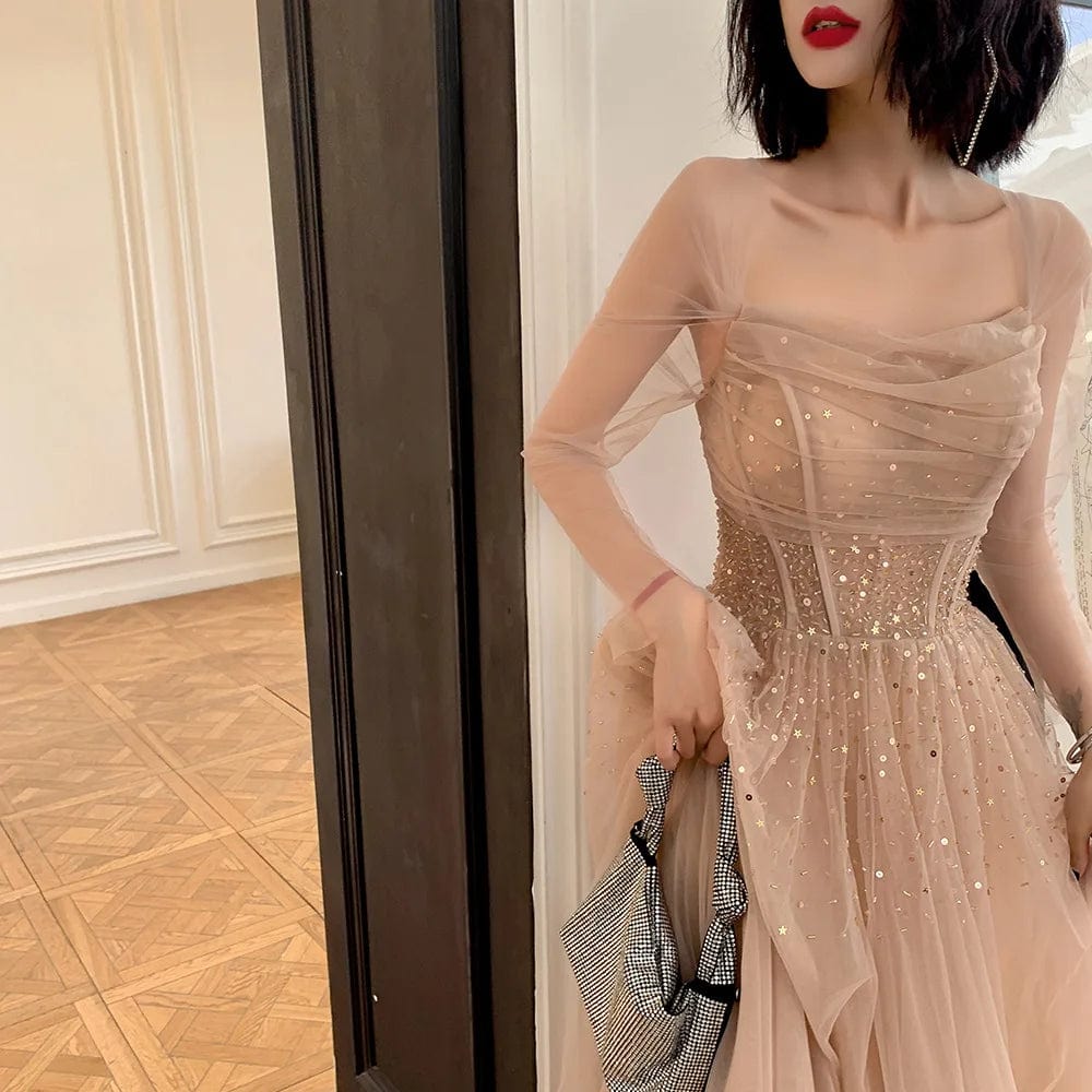 S1474T 2024 Hot Selling Classic Women's Long-Sleeved Light Luxury Panton Dress Elegant Lady's Evening Gown with Lace Decoration