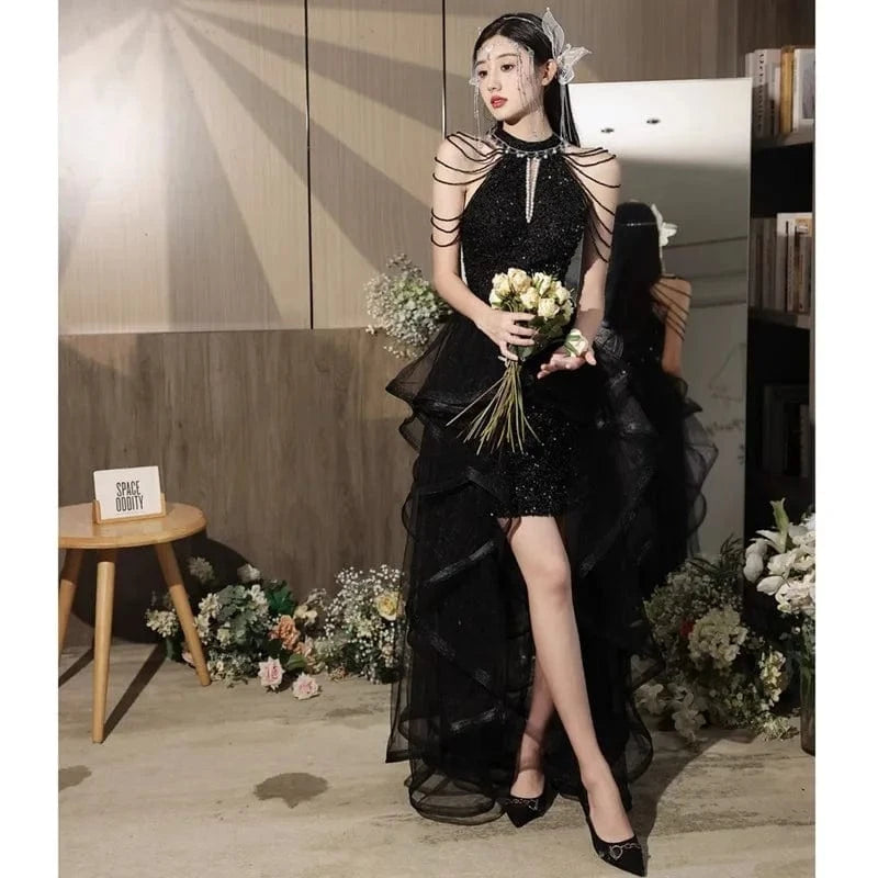 S1531T 2024 Elegant A-Line Light Luxury Evening Gown Women Long Sleeved Panton Dress Lace Decoration Chapel Train Hot-Selling