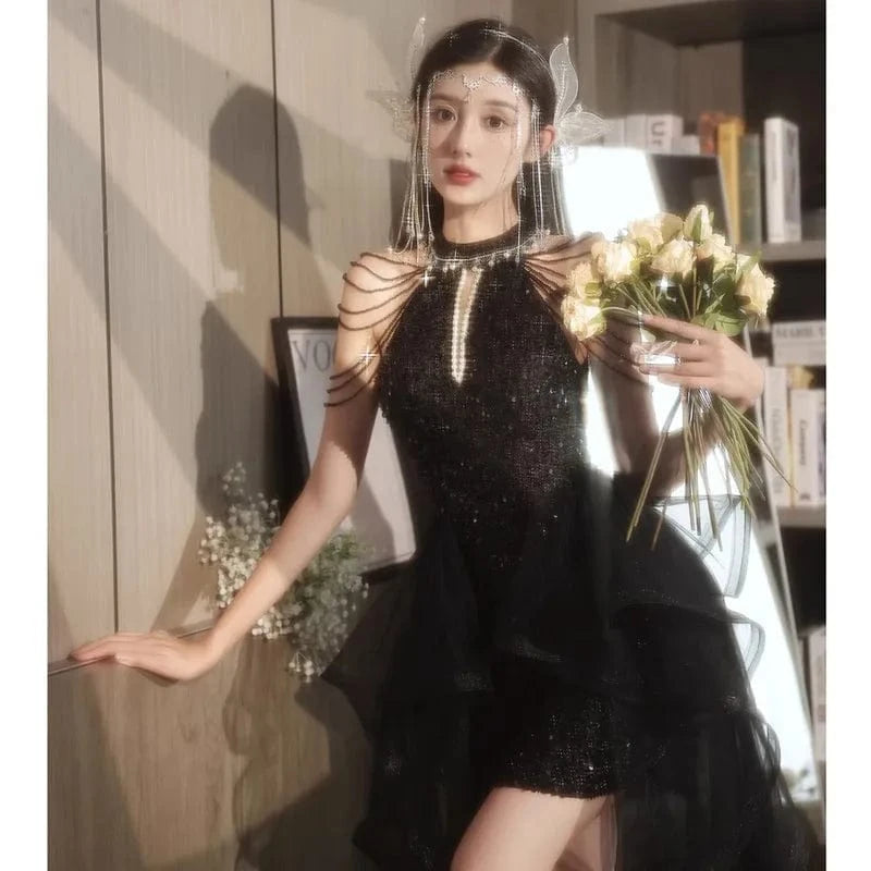 S1531T 2024 Elegant A-Line Light Luxury Evening Gown Women Long Sleeved Panton Dress Lace Decoration Chapel Train Hot-Selling