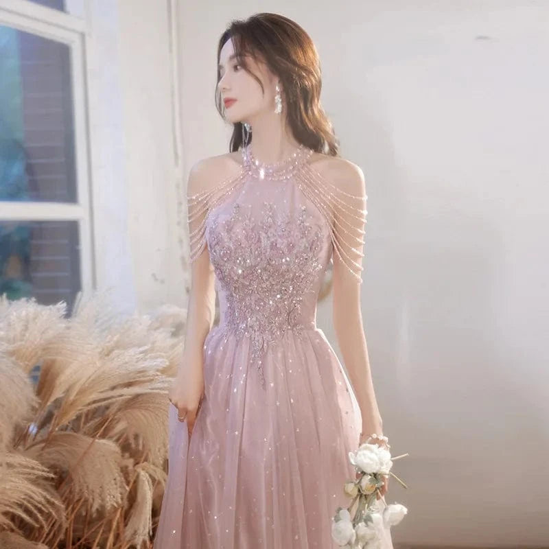 S1543T 2024 Classic Evening Dress Sexy A-Line Wrap Waistline Chapel Train Shoulder-to-Shoulder Lace Decoration Repair Features
