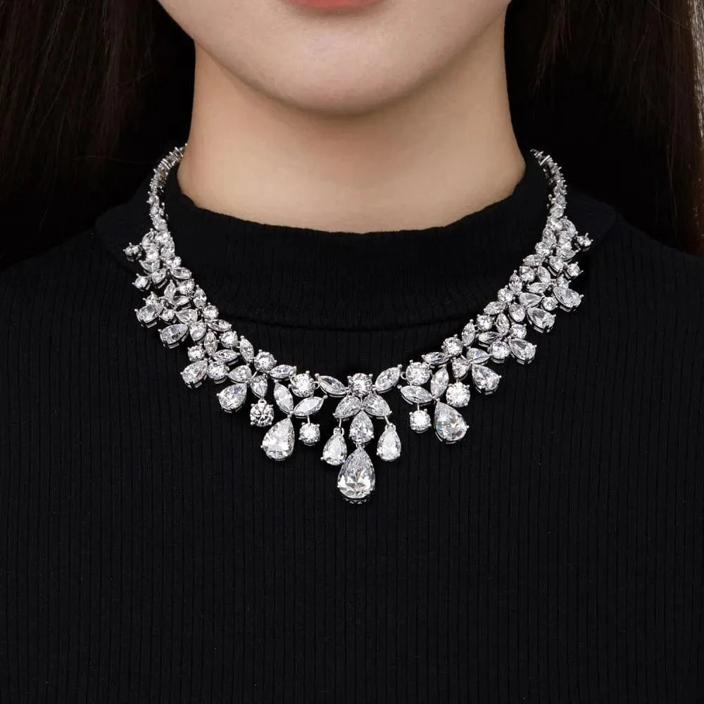 S4190006-S-W-WH Dylam Sterling Silver Waterdrop Shape Chain Necklaces Cz Cubic Zircon Necklace Earring Bridal Jewelry Sets For Women Party Gift