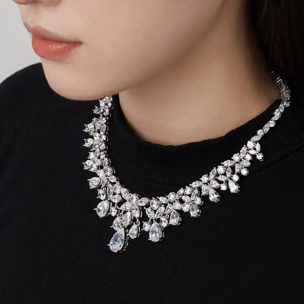 S4190006-S-W-WH Dylam Sterling Silver Waterdrop Shape Chain Necklaces Cz Cubic Zircon Necklace Earring Bridal Jewelry Sets For Women Party Gift