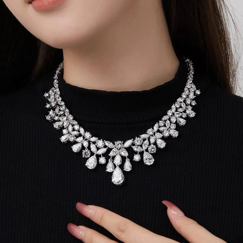 S4190006-S-W-WH Dylam Sterling Silver Waterdrop Shape Chain Necklaces Cz Cubic Zircon Necklace Earring Bridal Jewelry Sets For Women Party Gift