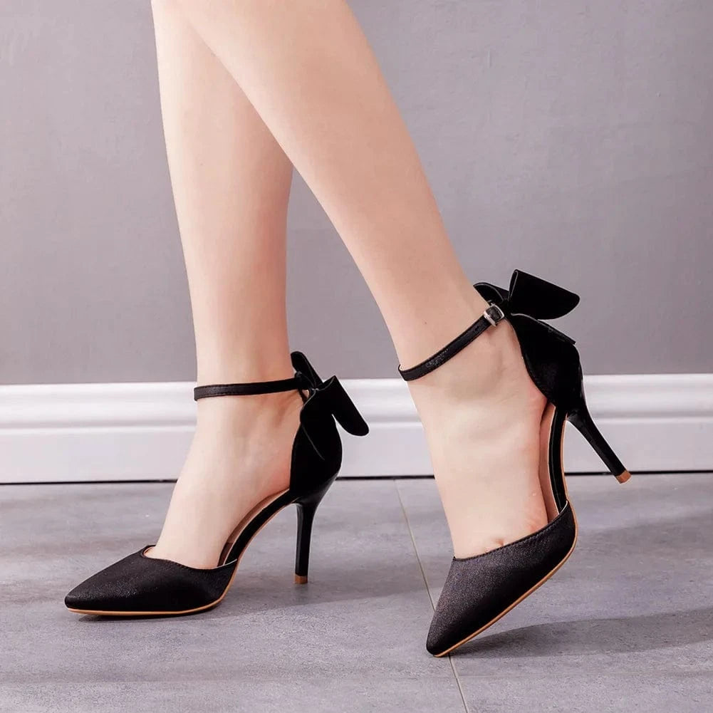 S4508F 9cm Bow Plus Size Pump Pointed High Heel Satin Faux Silk Stiletto Bridal Wedding Shoes