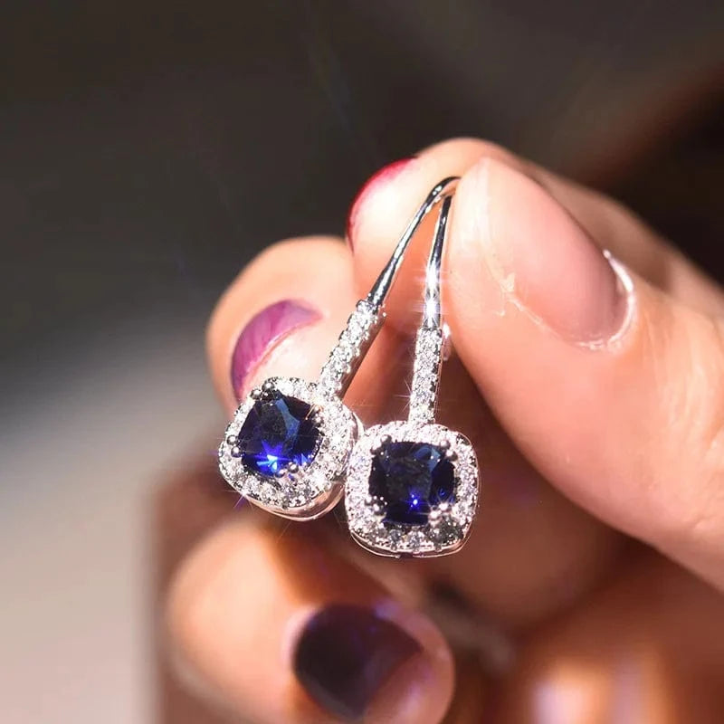 S925 Silver Color Diamond Earring for Women Luxury Blue Sapphire and Ruby Topaz silver Jewelry Gemstone Diamond Stud Earrings