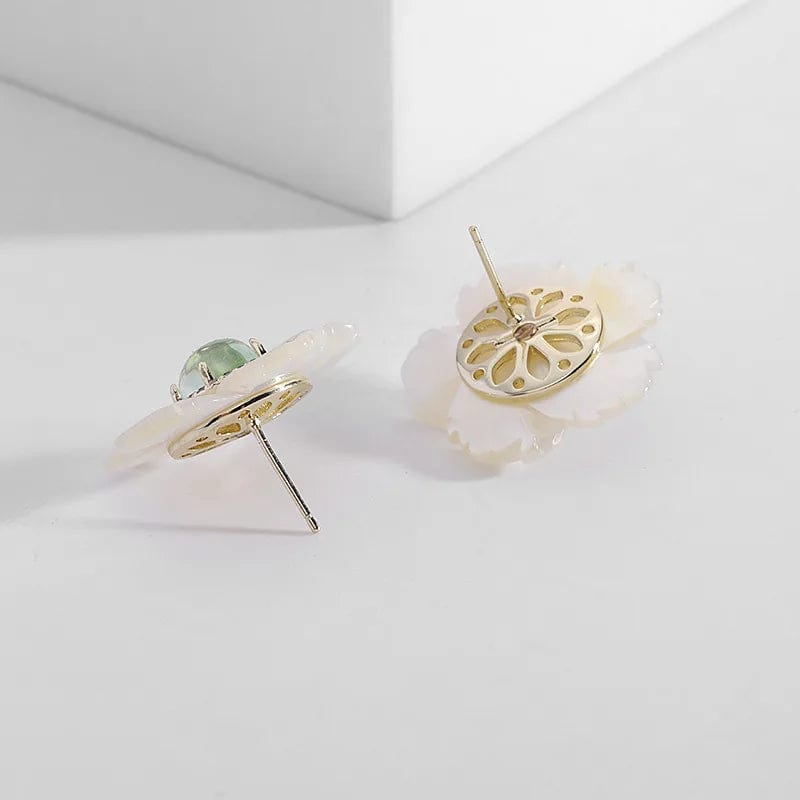 S925 Silver Needle White Color Shell Flower Earrings For Women Wedding Party Jewelry Cz Zircon Floral Statement Stud Earrings