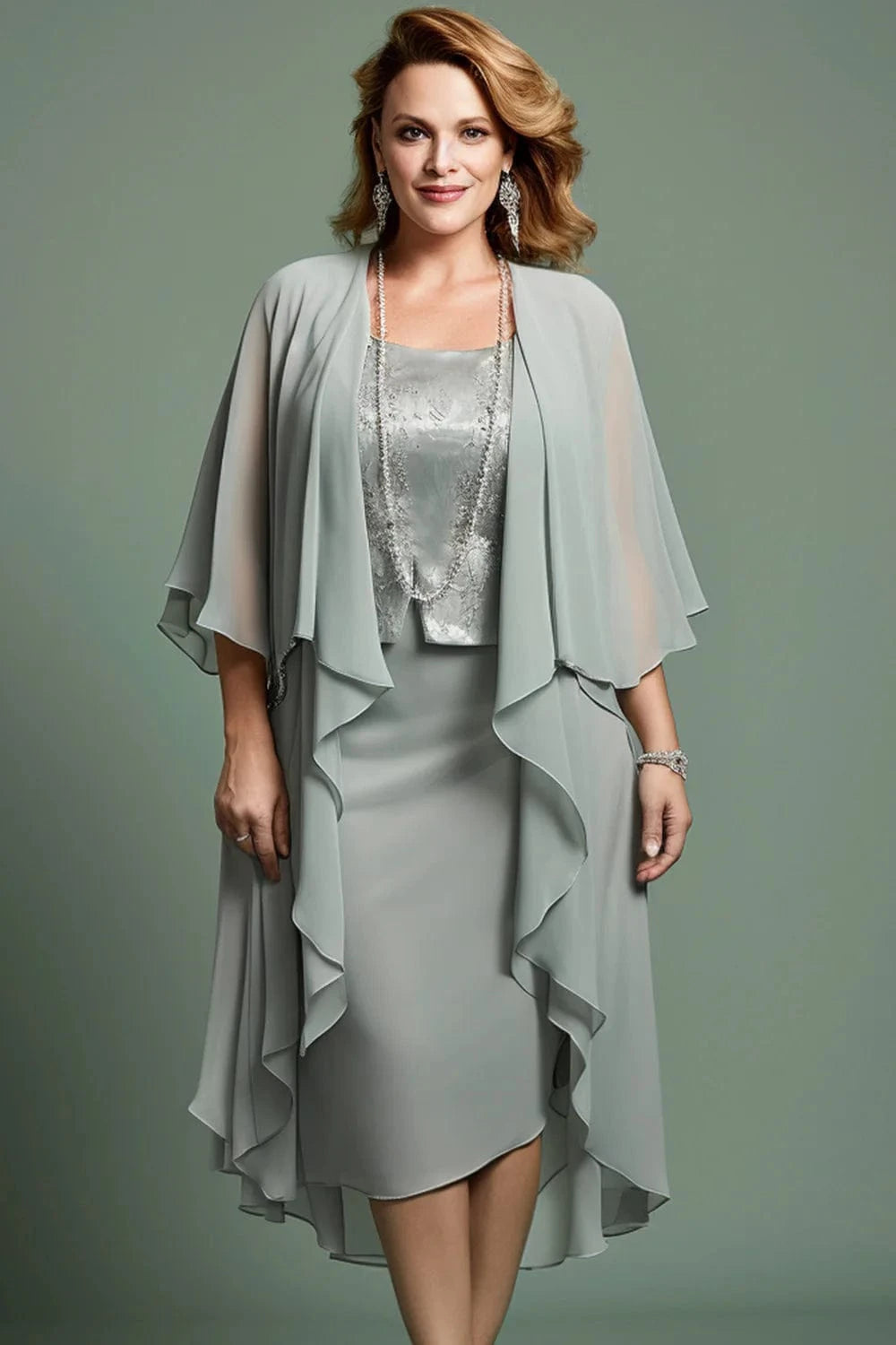 Sage Green / 1XL Flycurvy Plus Size Wedding Guest Sage Green Chiffon Printed Tea-Length Dress With Layered Jacket