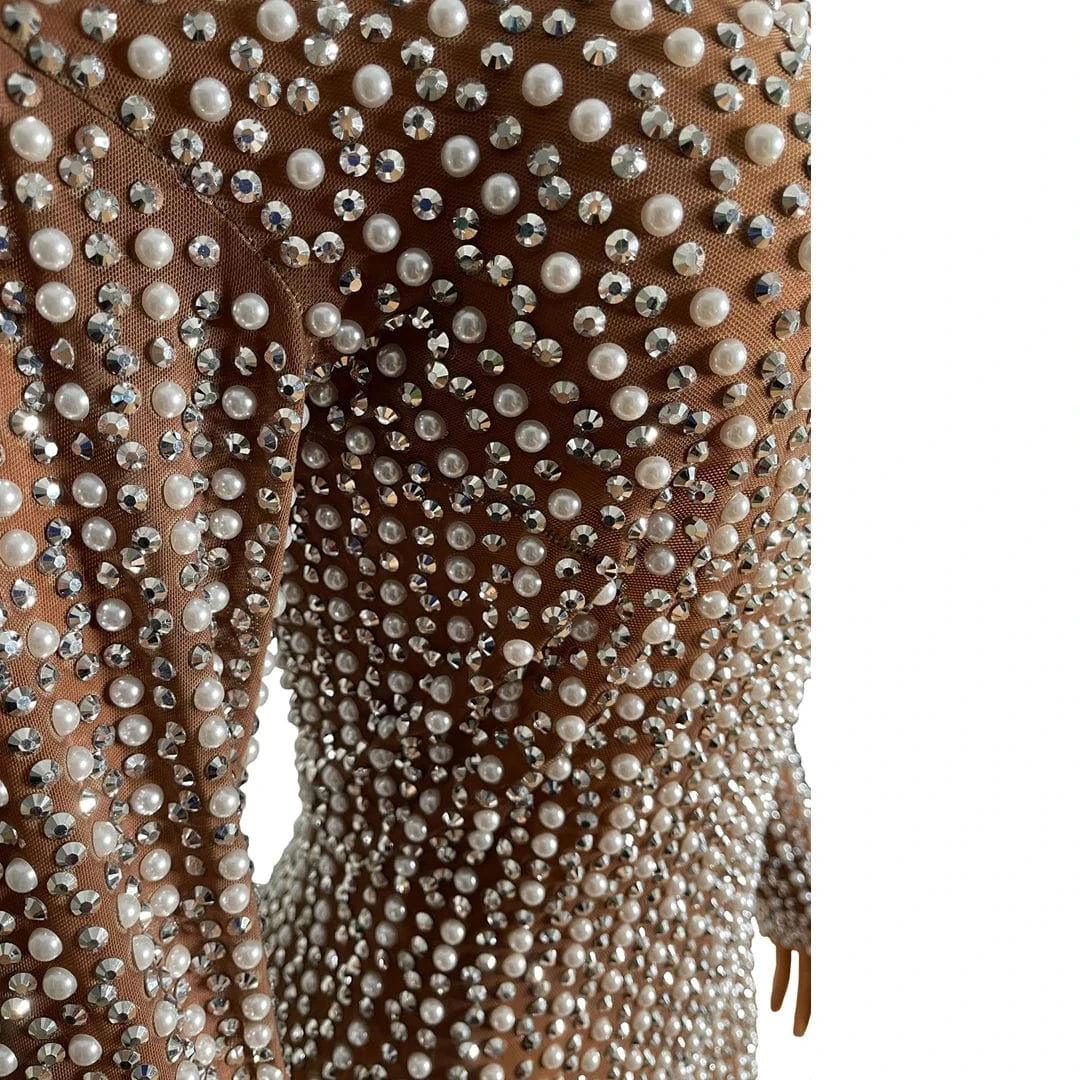 Saias Elegant Long Sleeve Rhinestone Pearls Bridal Wedding Birthday Dinner Gown Sexy Bodycon Maxi Prom Dress Women Evening Dress
