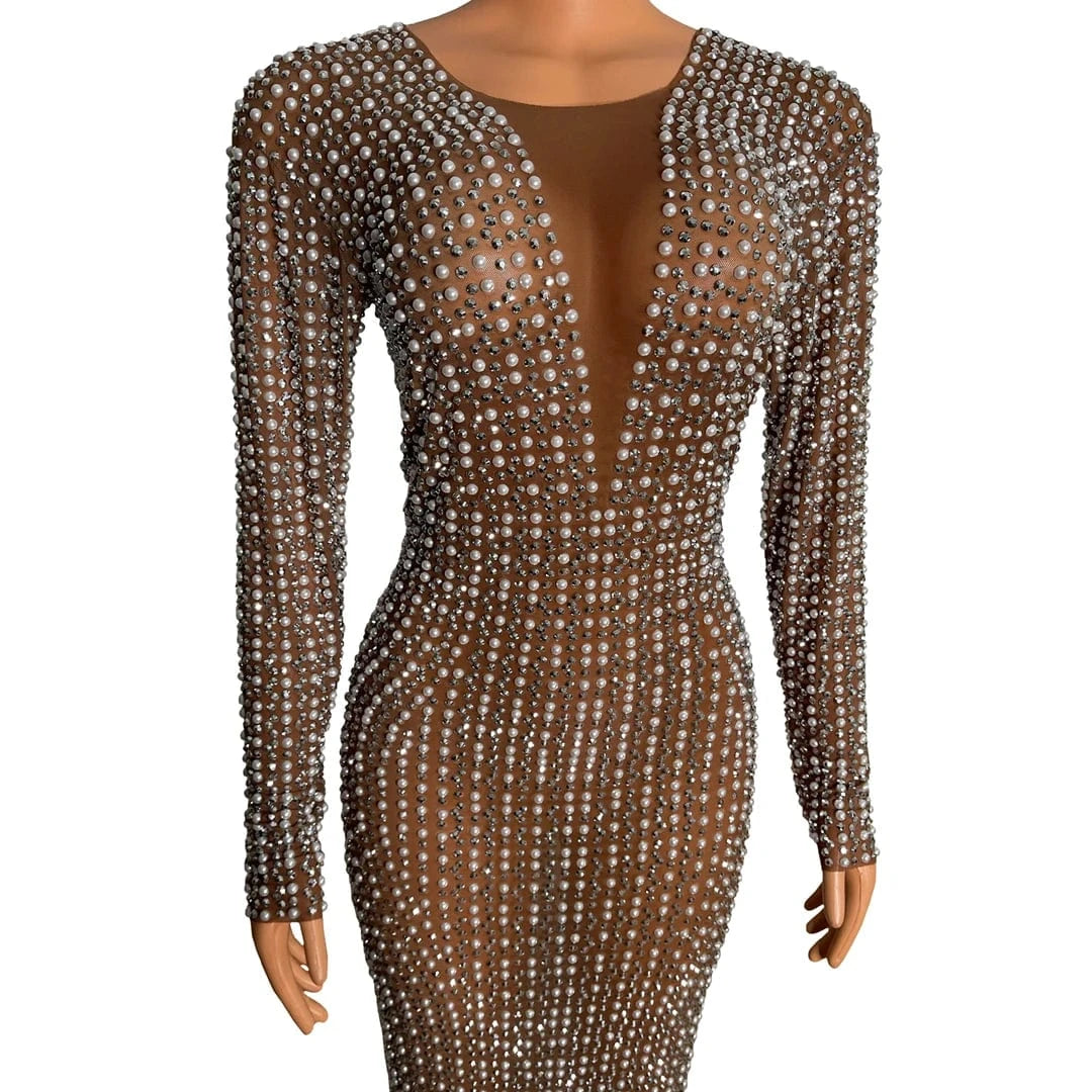 Saias Elegant Long Sleeve Rhinestone Pearls Bridal Wedding Birthday Dinner Gown Sexy Bodycon Maxi Prom Dress Women Evening Dress