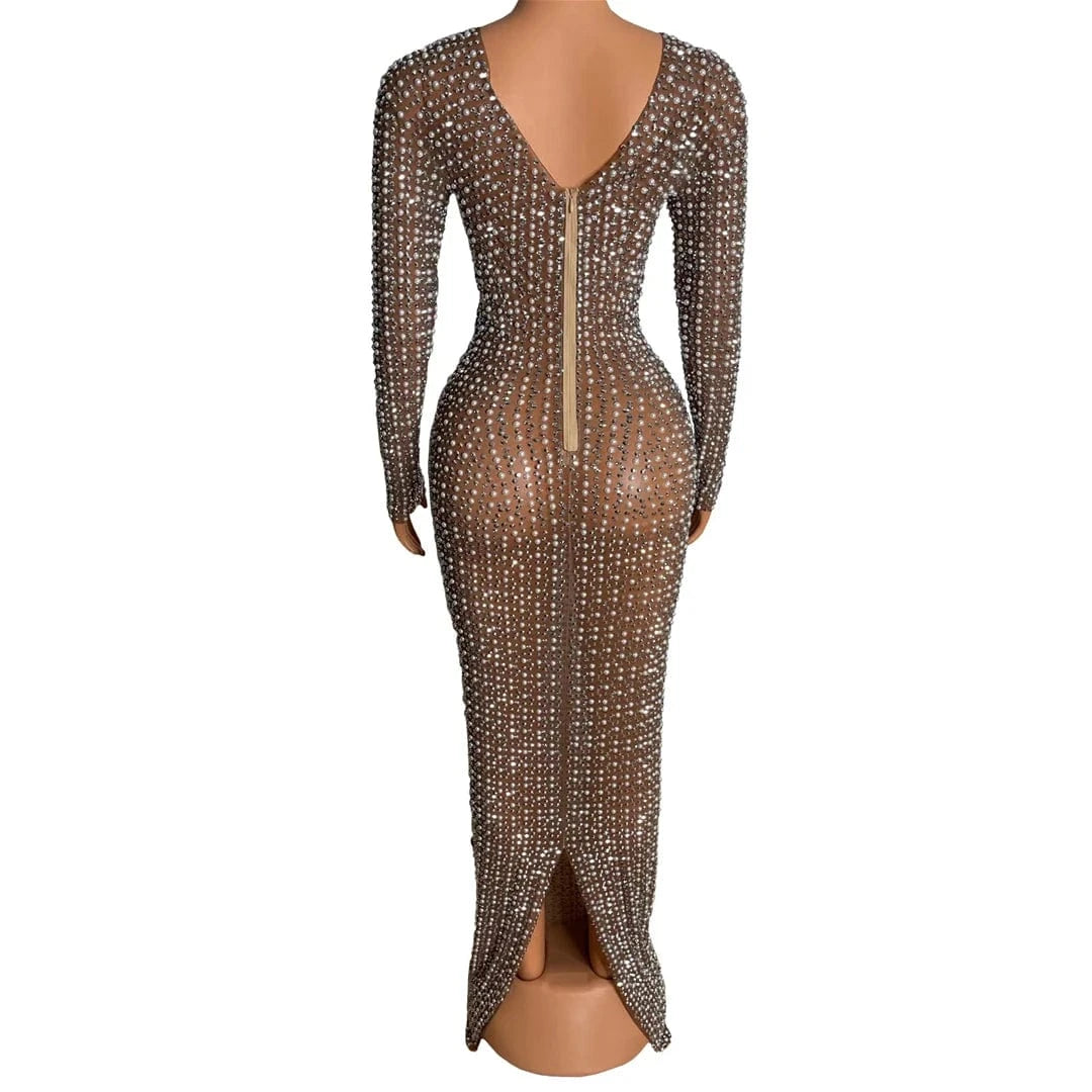 Saias Elegant Long Sleeve Rhinestone Pearls Bridal Wedding Birthday Dinner Gown Sexy Bodycon Maxi Prom Dress Women Evening Dress