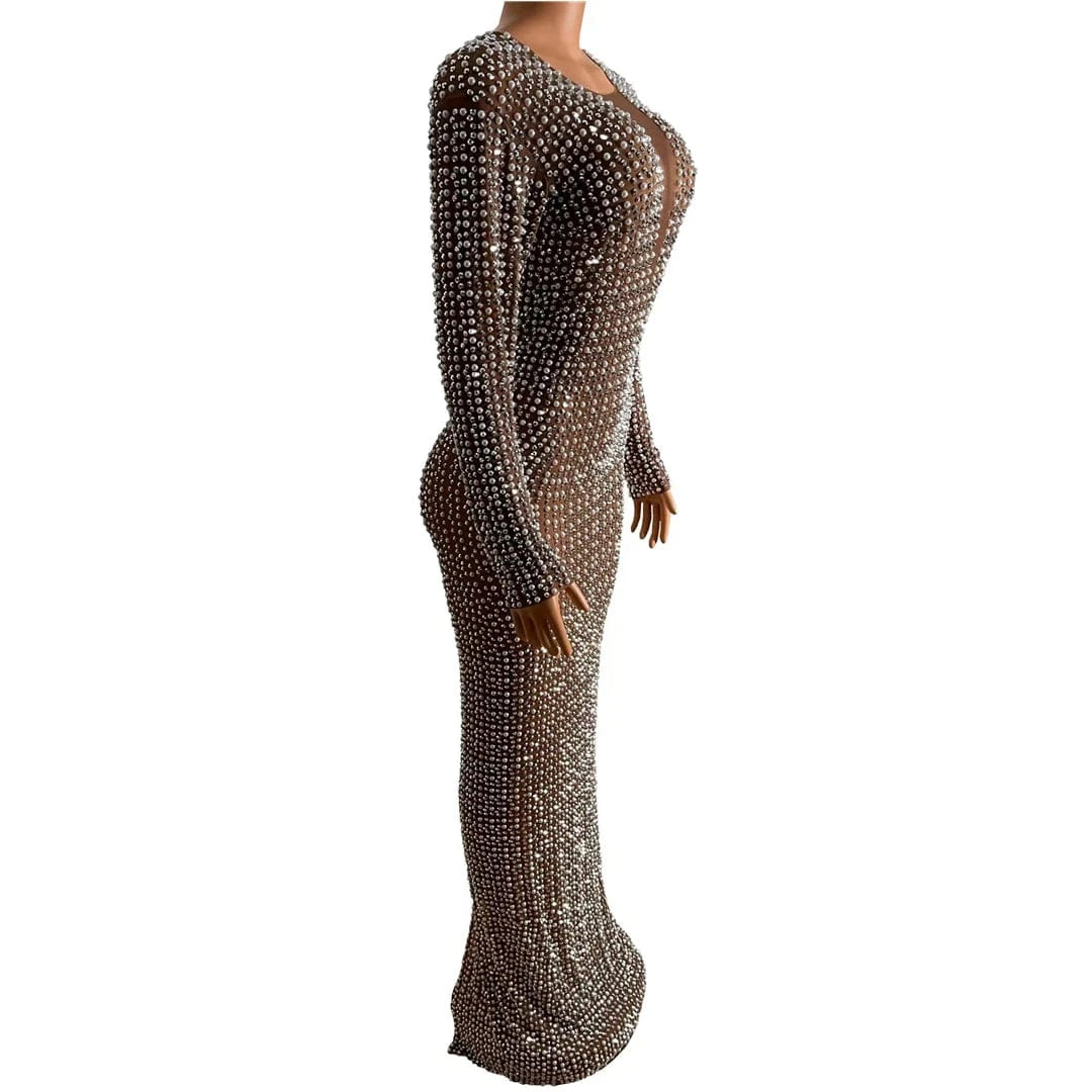 Saias Elegant Long Sleeve Rhinestone Pearls Bridal Wedding Birthday Dinner Gown Sexy Bodycon Maxi Prom Dress Women Evening Dress