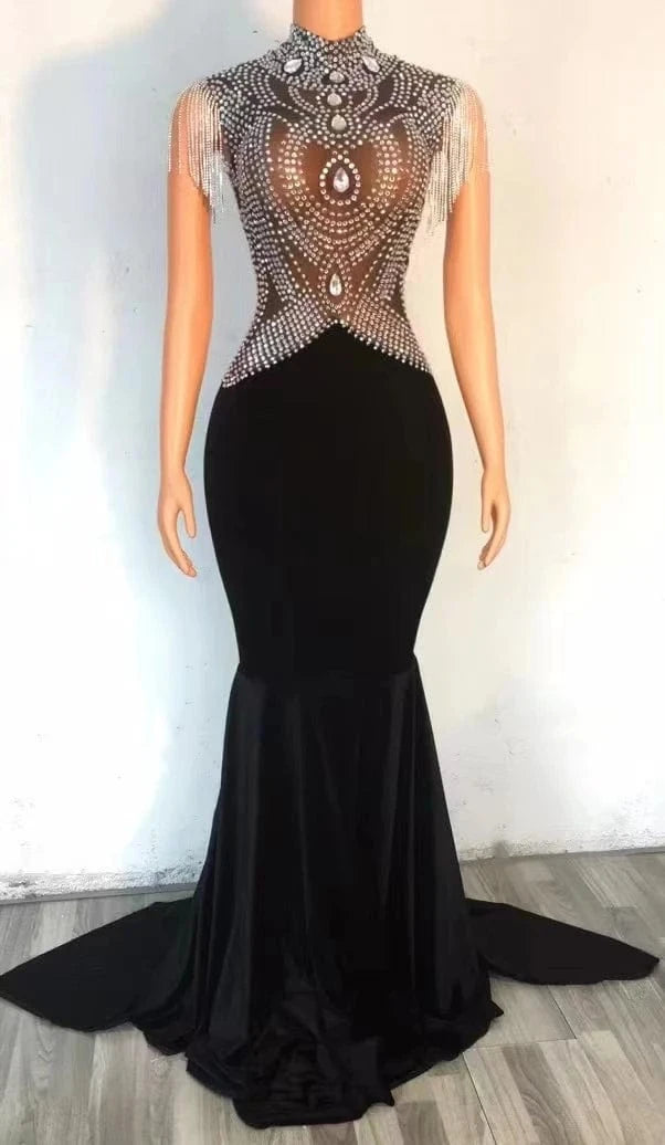 Saias Luxury Mesh See Through Crystal Tassel Wedding Party Mermaid Dress Birthday Prom Dress Women Ball Gown Evening Dresses