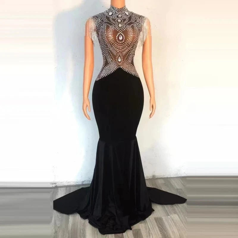 Saias Luxury Mesh See Through Crystal Tassel Wedding Party Mermaid Dress Birthday Prom Dress Women Ball Gown Evening Dresses