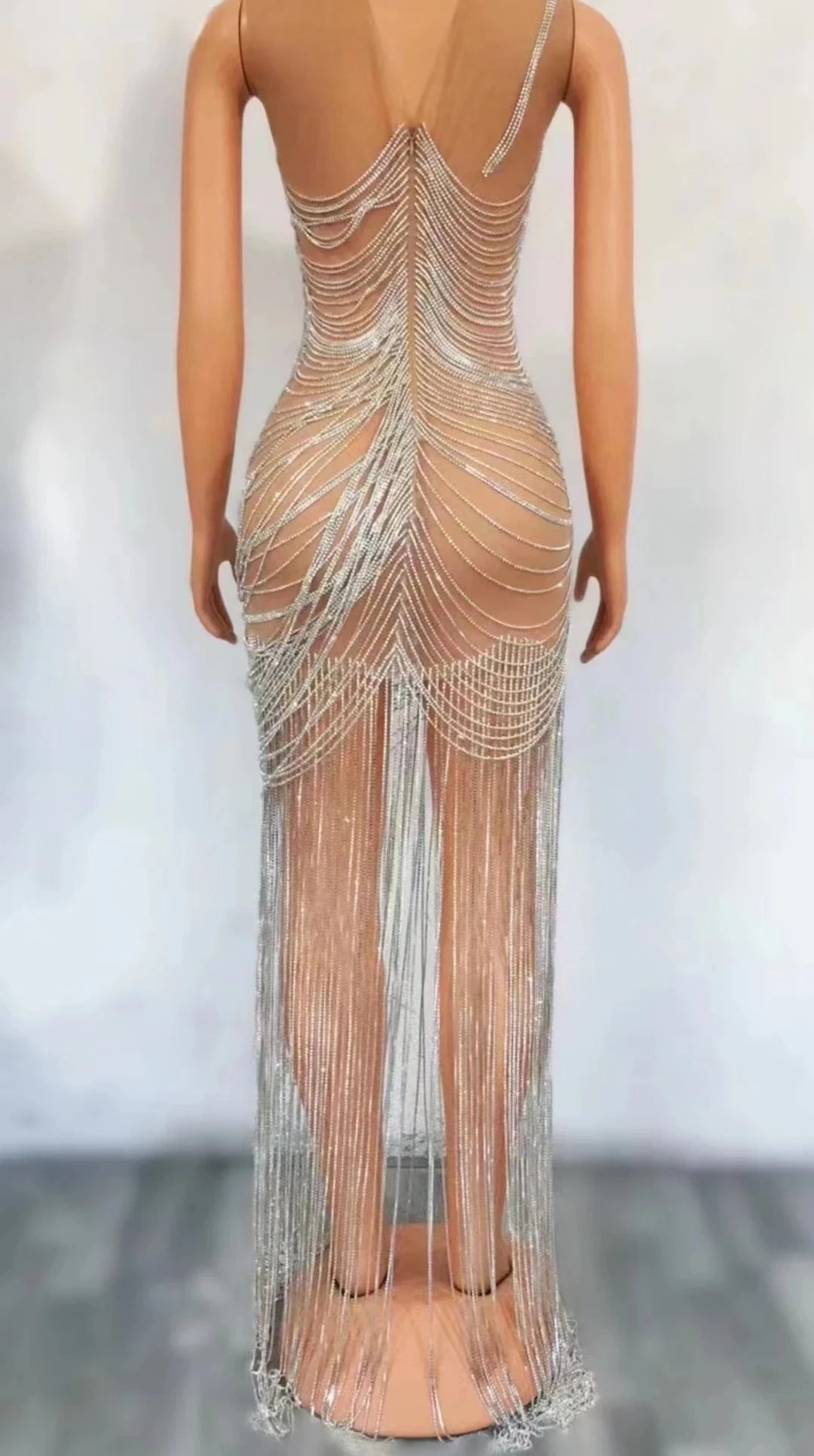 Saias Luxury Mesh See Through Rhinestones Chains Tassel Sexy Club Dresses Women Birthday Party Gowns Maxi Prom Evening Dress
