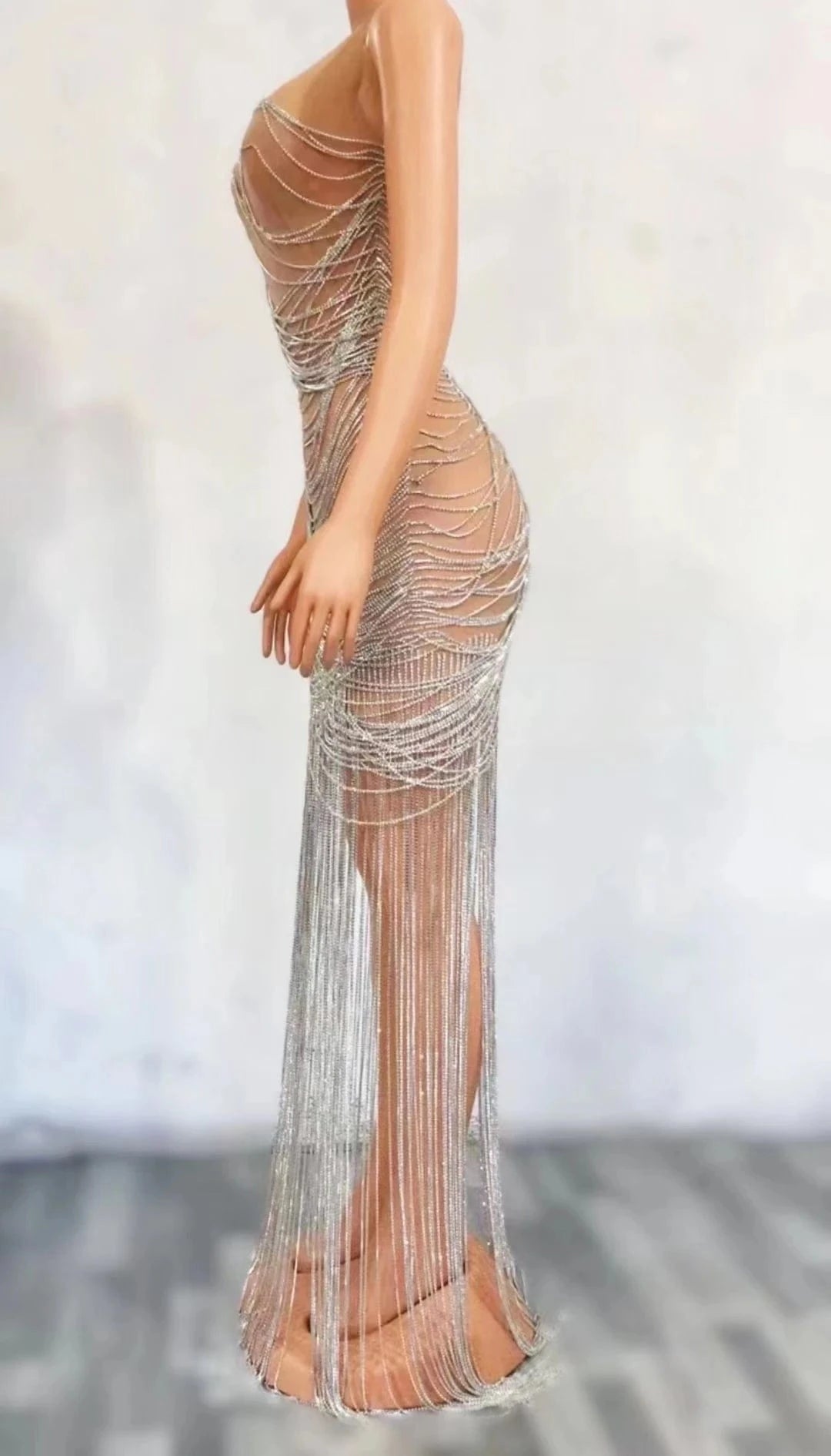 Saias Luxury Mesh See Through Rhinestones Chains Tassel Sexy Club Dresses Women Birthday Party Gowns Maxi Prom Evening Dress
