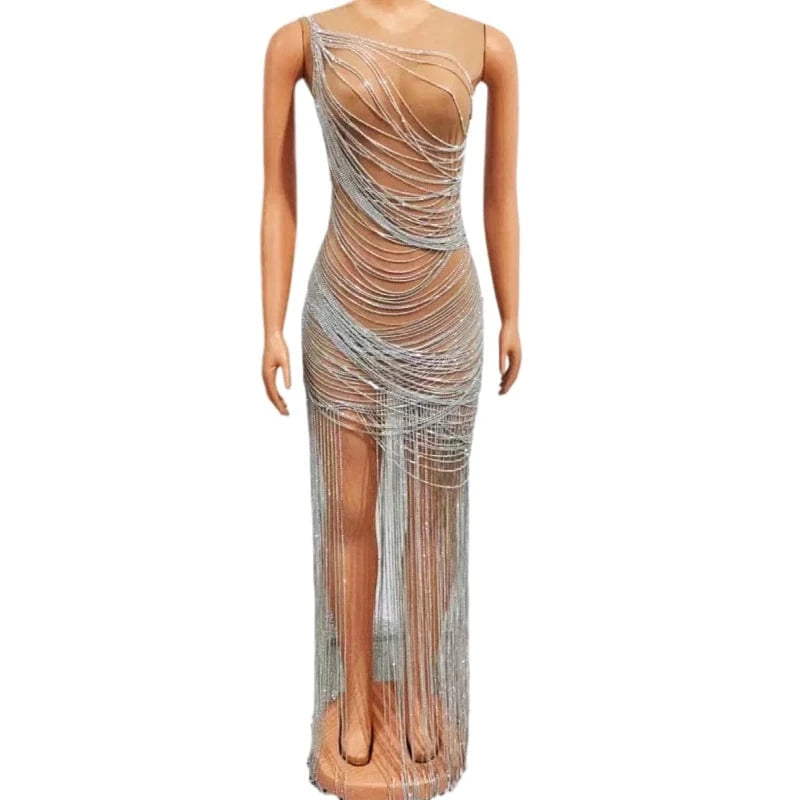 Saias Luxury Mesh See Through Rhinestones Chains Tassel Sexy Club Dresses Women Birthday Party Gowns Maxi Prom Evening Dress