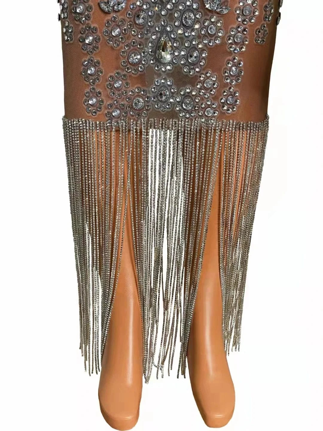 Saias Sparkly See Through Mesh Crystal Tassel Bridal Wedding Birthday Party Gowns Women Sexy Club Dress Maxi Prom Evening Dress