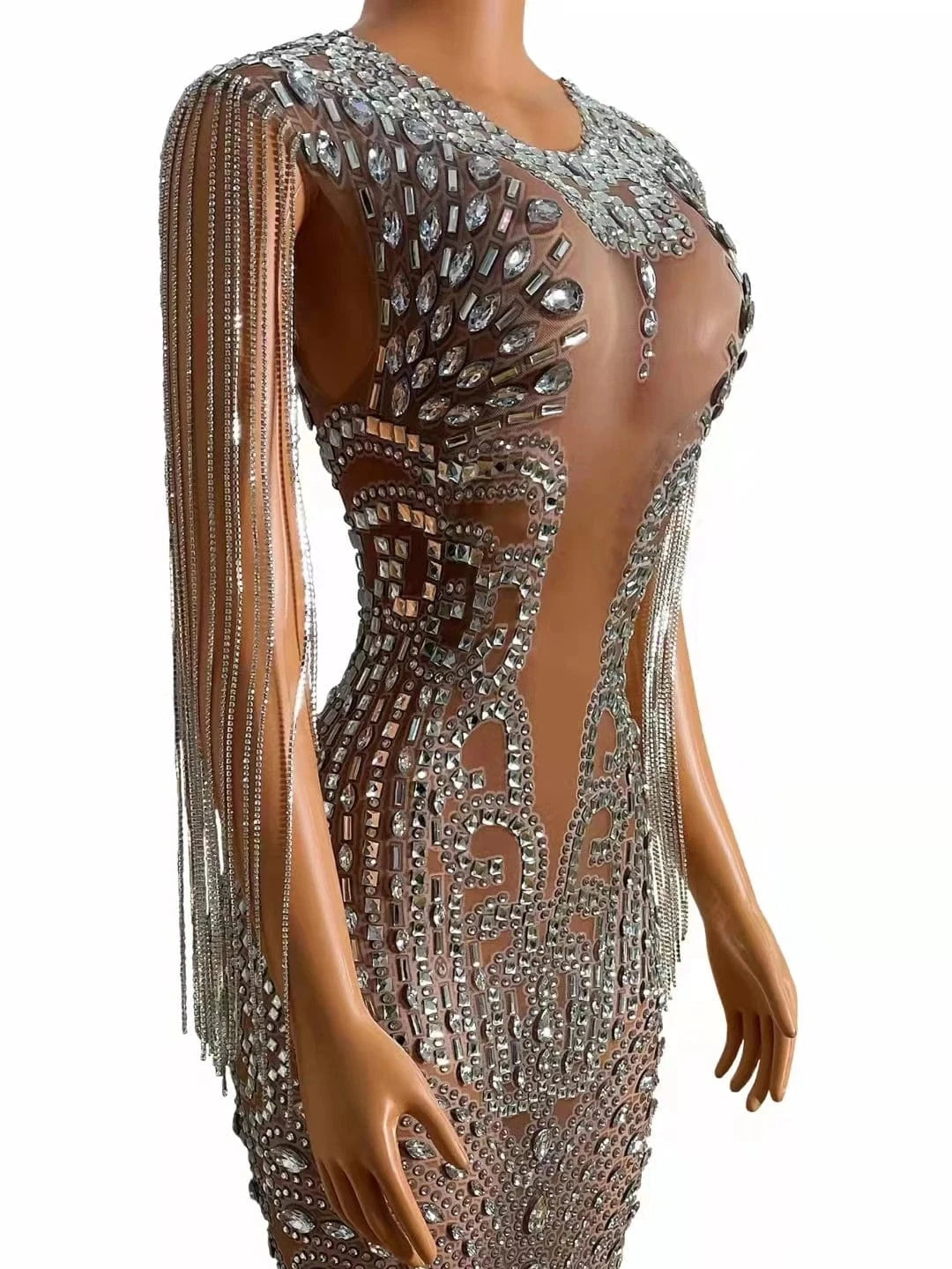 Saias Sparkly See Through Mesh Crystal Tassel Bridal Wedding Birthday Party Gowns Women Sexy Club Dress Maxi Prom Evening Dress