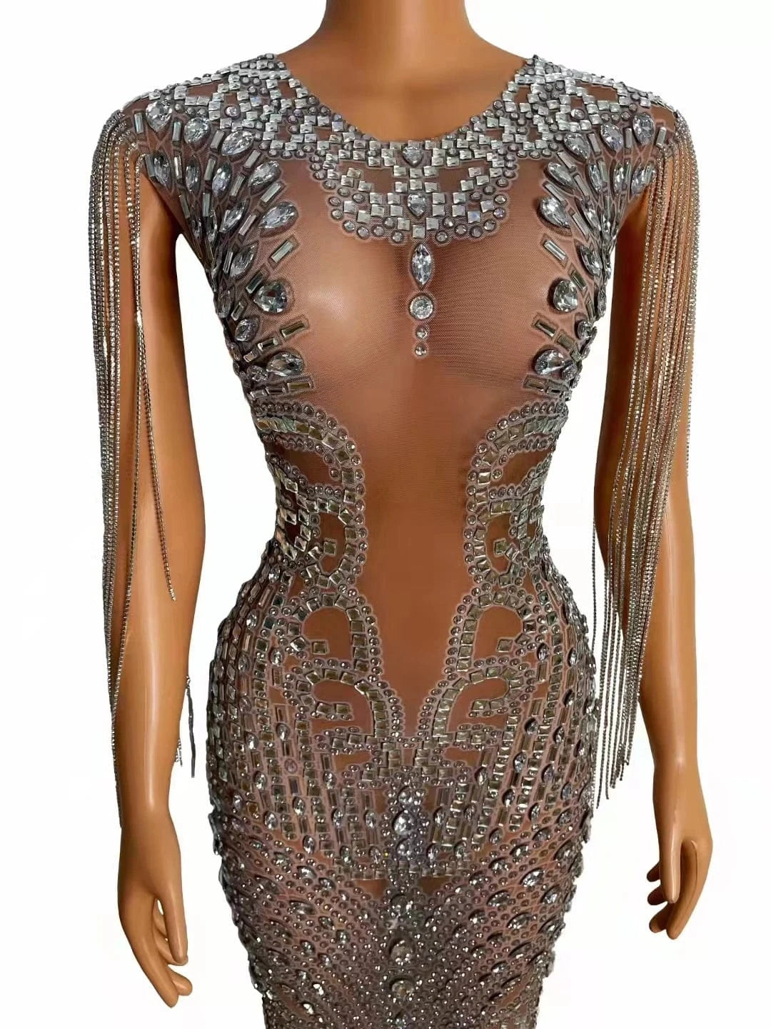 Saias Sparkly See Through Mesh Crystal Tassel Bridal Wedding Birthday Party Gowns Women Sexy Club Dress Maxi Prom Evening Dress