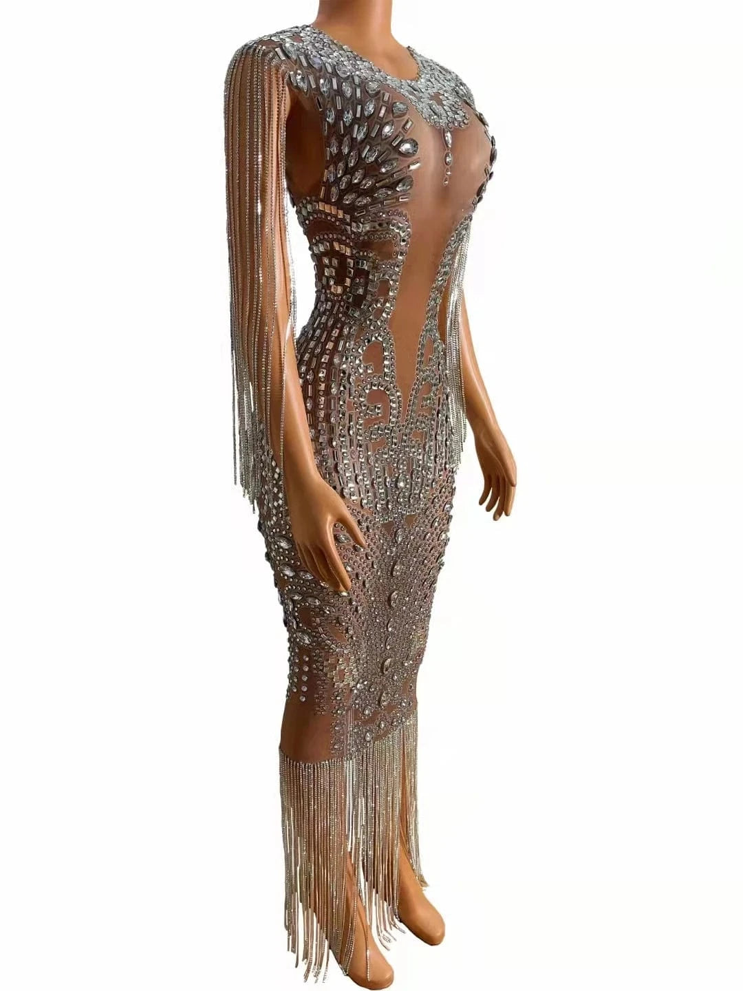 Saias Sparkly See Through Mesh Crystal Tassel Bridal Wedding Birthday Party Gowns Women Sexy Club Dress Maxi Prom Evening Dress