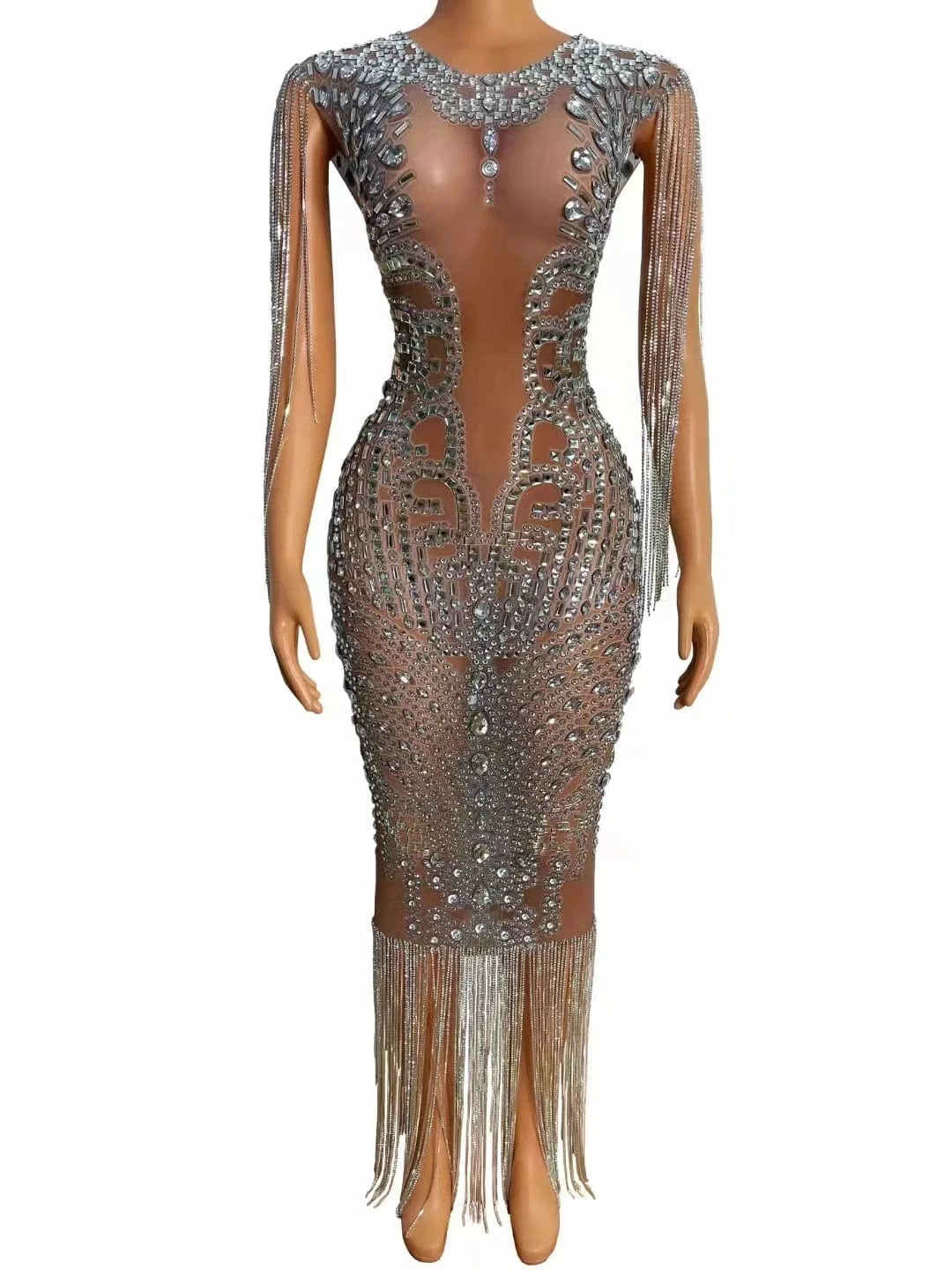 Saias Sparkly See Through Mesh Crystal Tassel Bridal Wedding Birthday Party Gowns Women Sexy Club Dress Maxi Prom Evening Dress