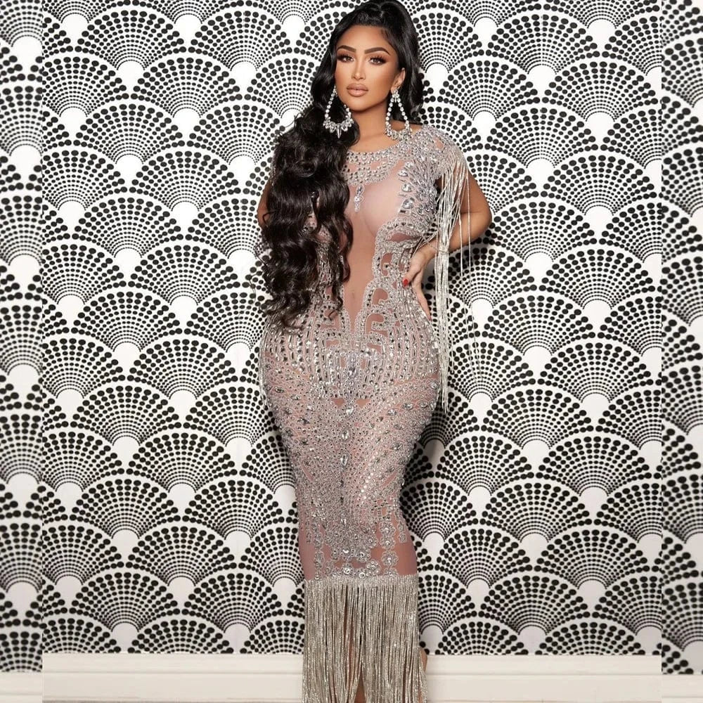 Saias Sparkly See Through Mesh Crystal Tassel Bridal Wedding Birthday Party Gowns Women Sexy Club Dress Maxi Prom Evening Dress