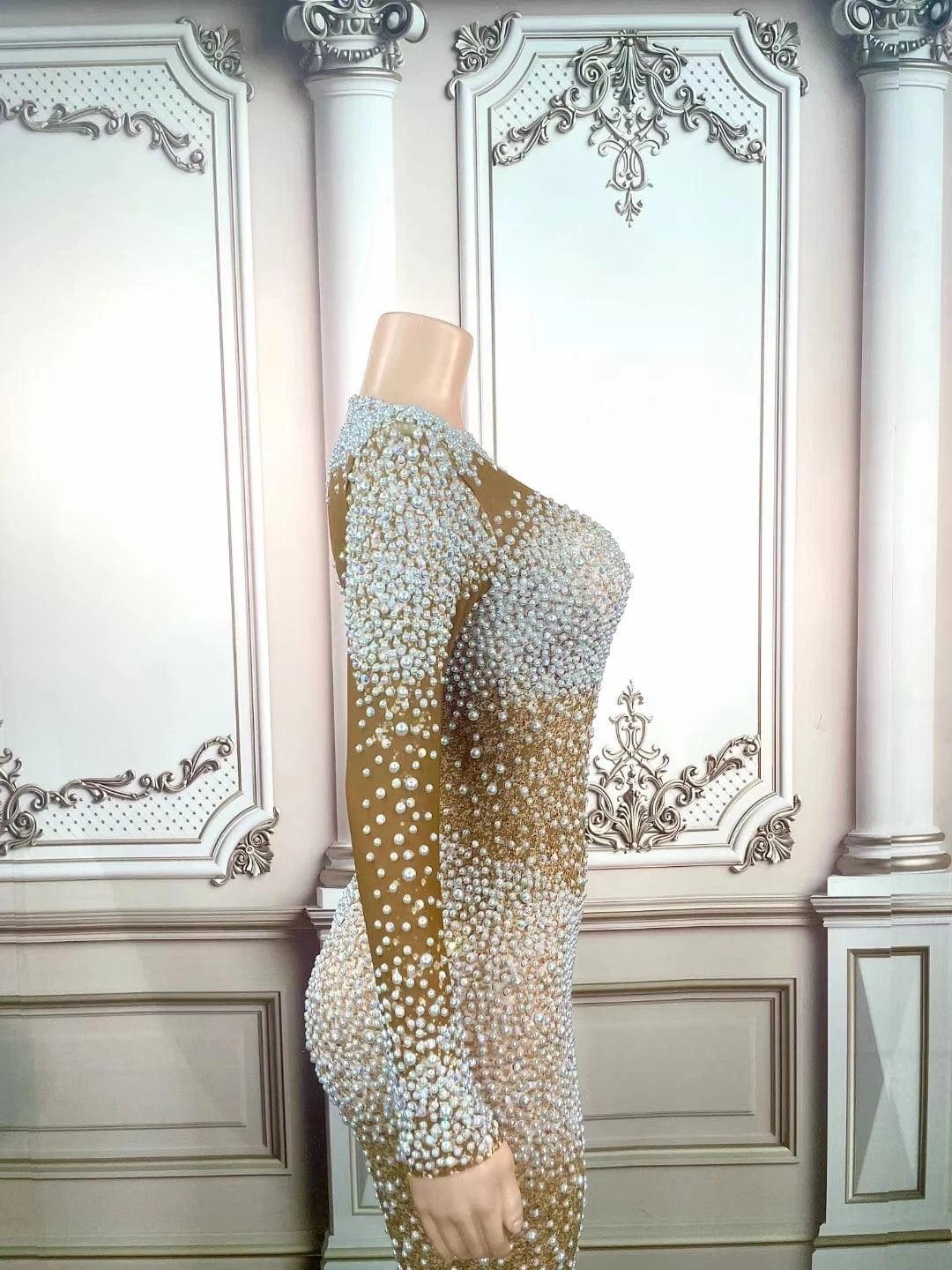 Saias Transparent Long Sleeve Rhinestone Pearl Formal Banquet Ball Gowns Birthday Party Prom Mermaid Dress Women Evening Dress