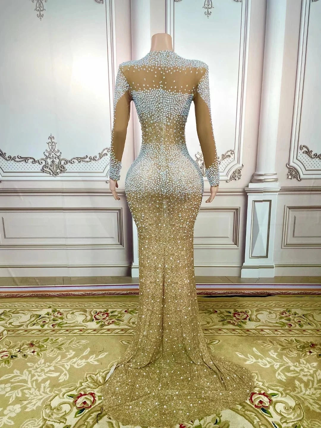 Saias Transparent Long Sleeve Rhinestone Pearl Formal Banquet Ball Gowns Birthday Party Prom Mermaid Dress Women Evening Dress