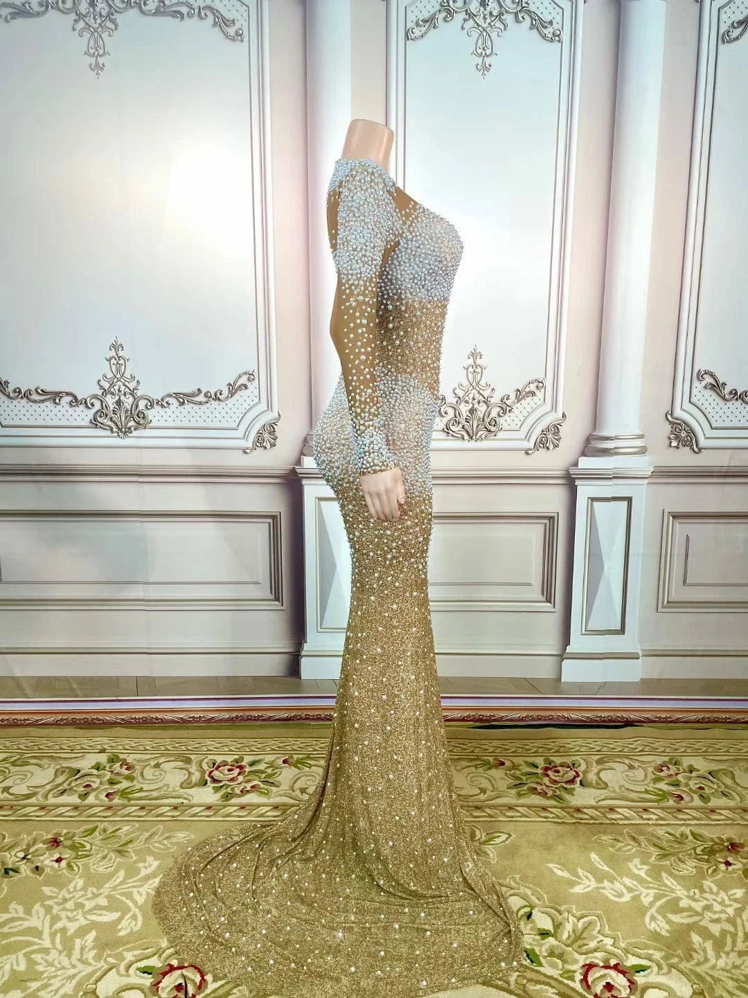 Saias Transparent Long Sleeve Rhinestone Pearl Formal Banquet Ball Gowns Birthday Party Prom Mermaid Dress Women Evening Dress