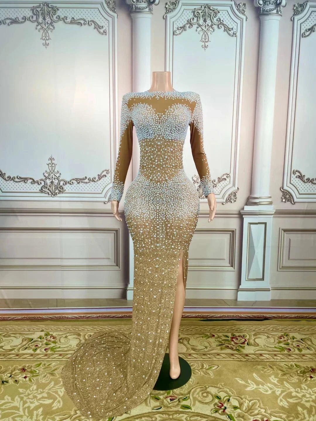 Saias Transparent Long Sleeve Rhinestone Pearl Formal Banquet Ball Gowns Birthday Party Prom Mermaid Dress Women Evening Dress