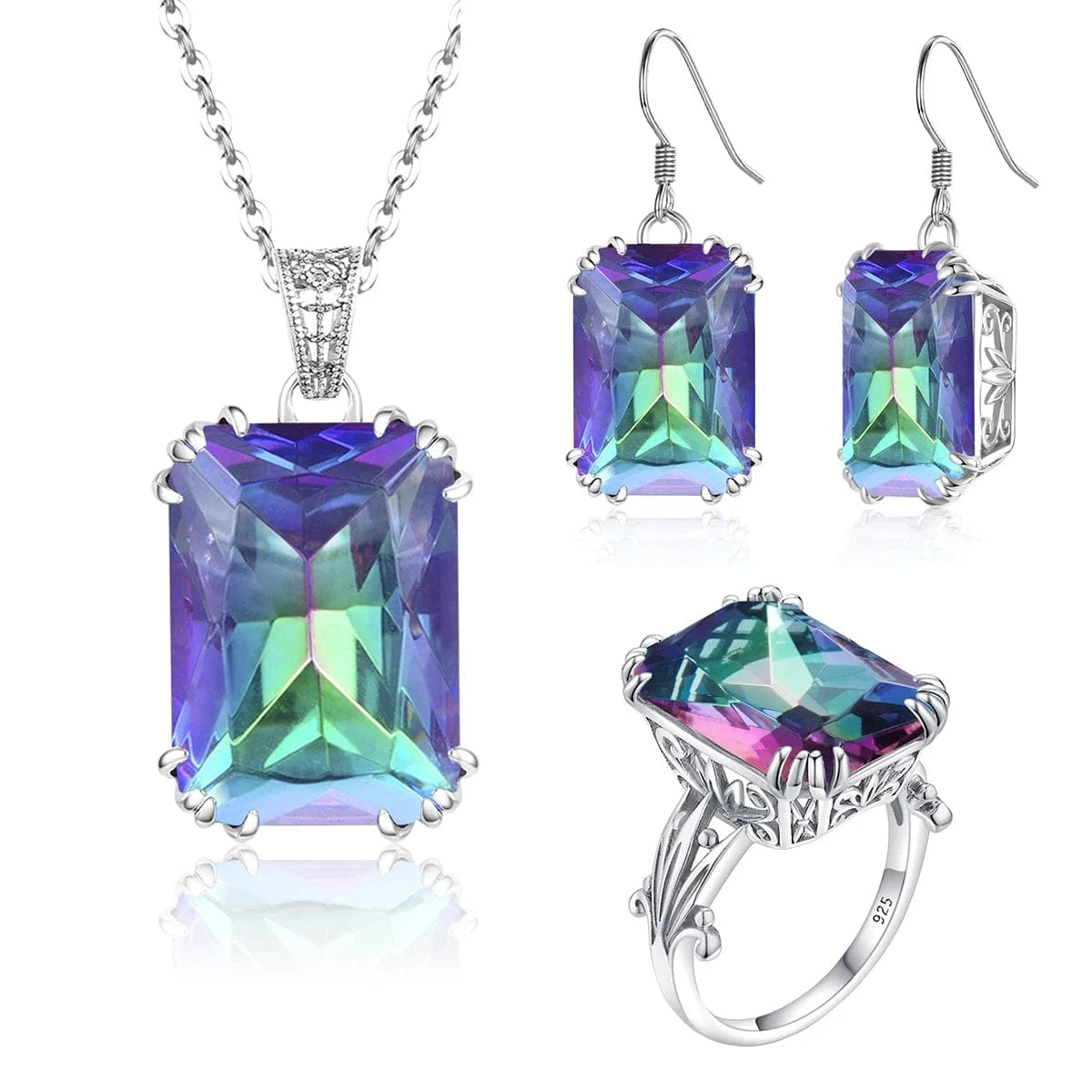 Sapphire Blue Stone Zircon Crystal Sterling Silver Jewelry Sets for Women Retro Crown Ring Pendant Earring for Party Engagement