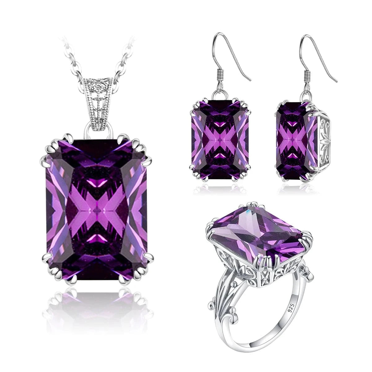 Sapphire Blue Stone Zircon Crystal Sterling Silver Jewelry Sets for Women Retro Crown Ring Pendant Earring for Party Engagement