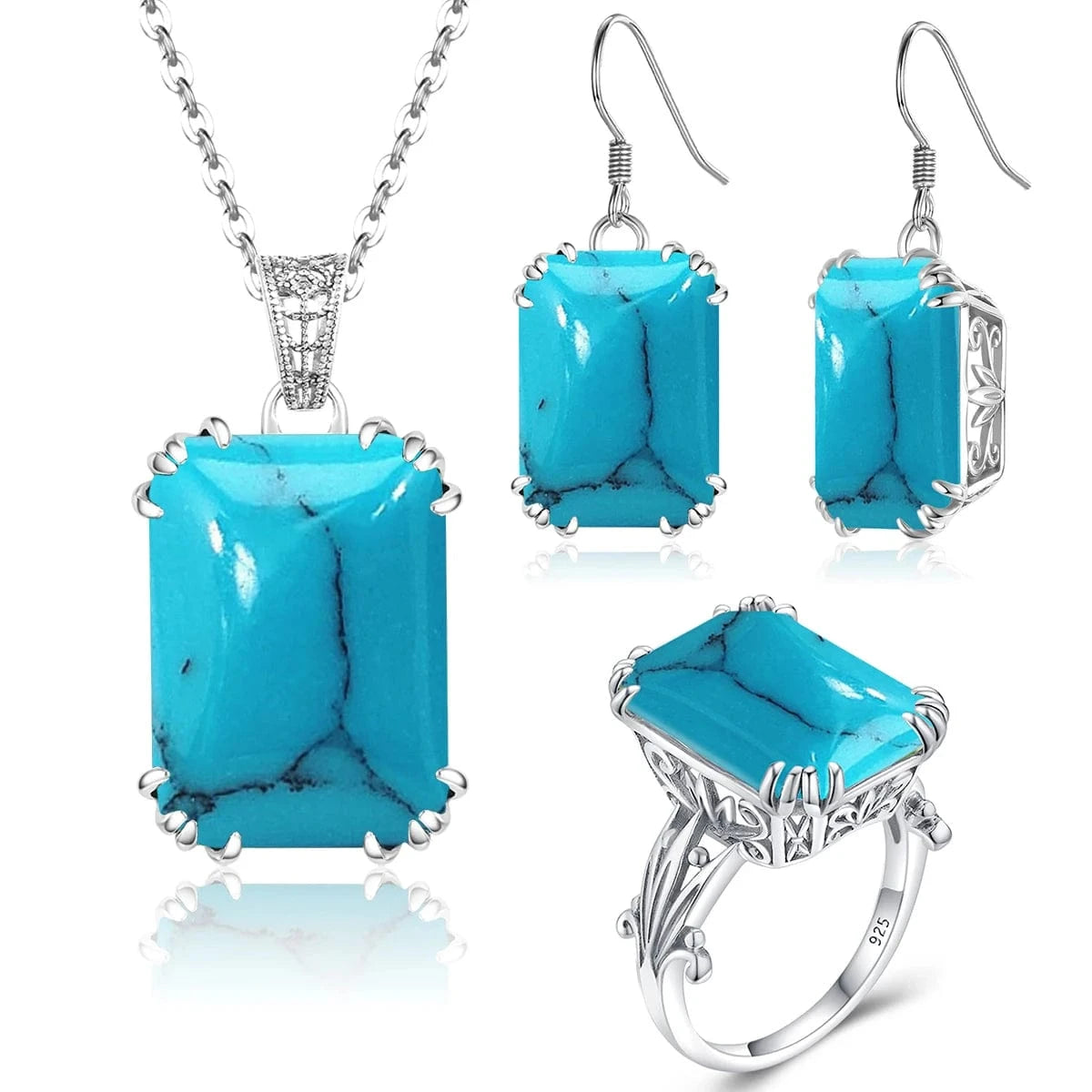 Sapphire Blue Stone Zircon Crystal Sterling Silver Jewelry Sets for Women Retro Crown Ring Pendant Earring for Party Engagement